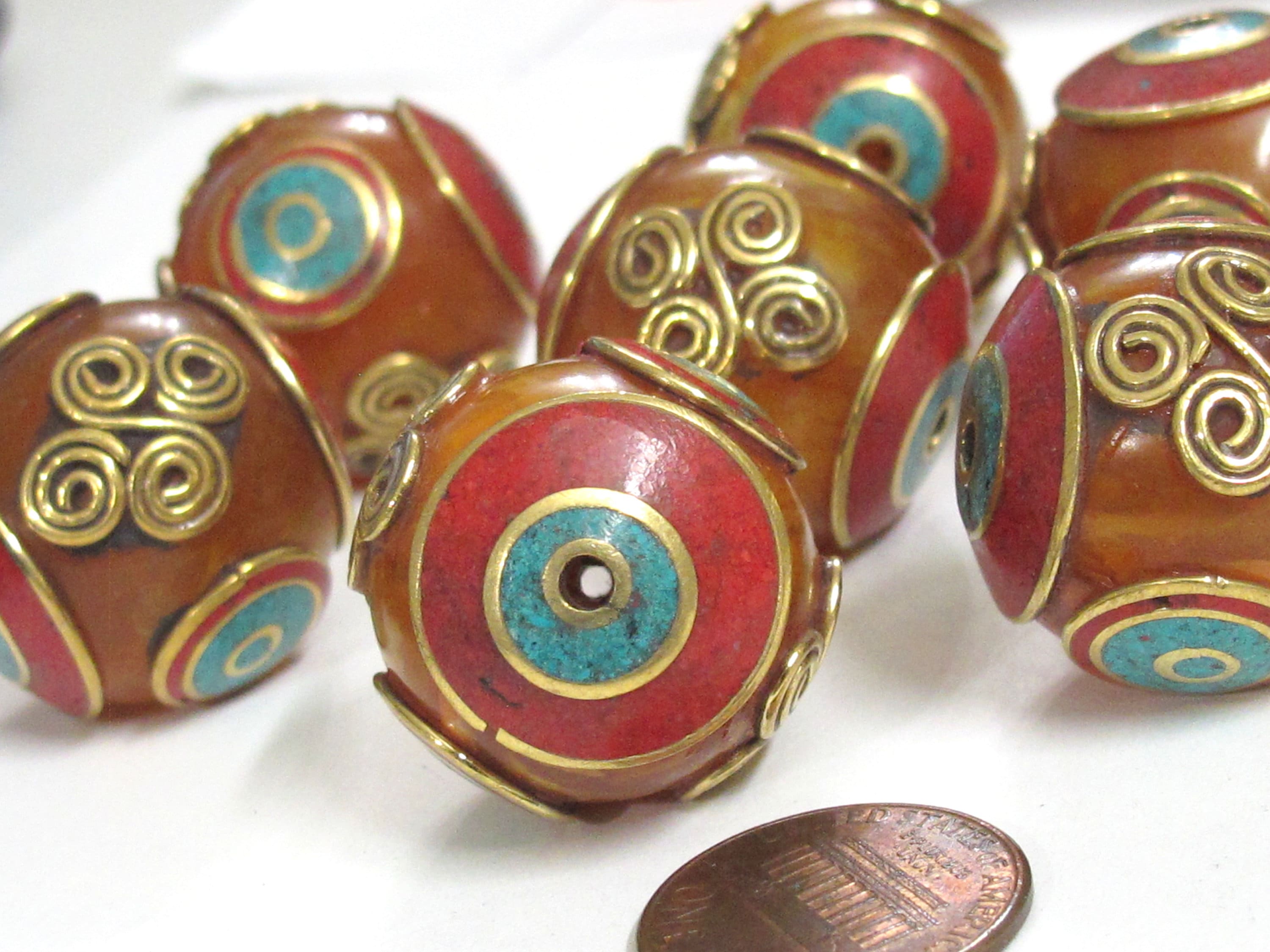 2 Beads - Beautiful Tibetan copal resin bead with brass , turquoise and coral inlay spiral coil floral design - BD835K