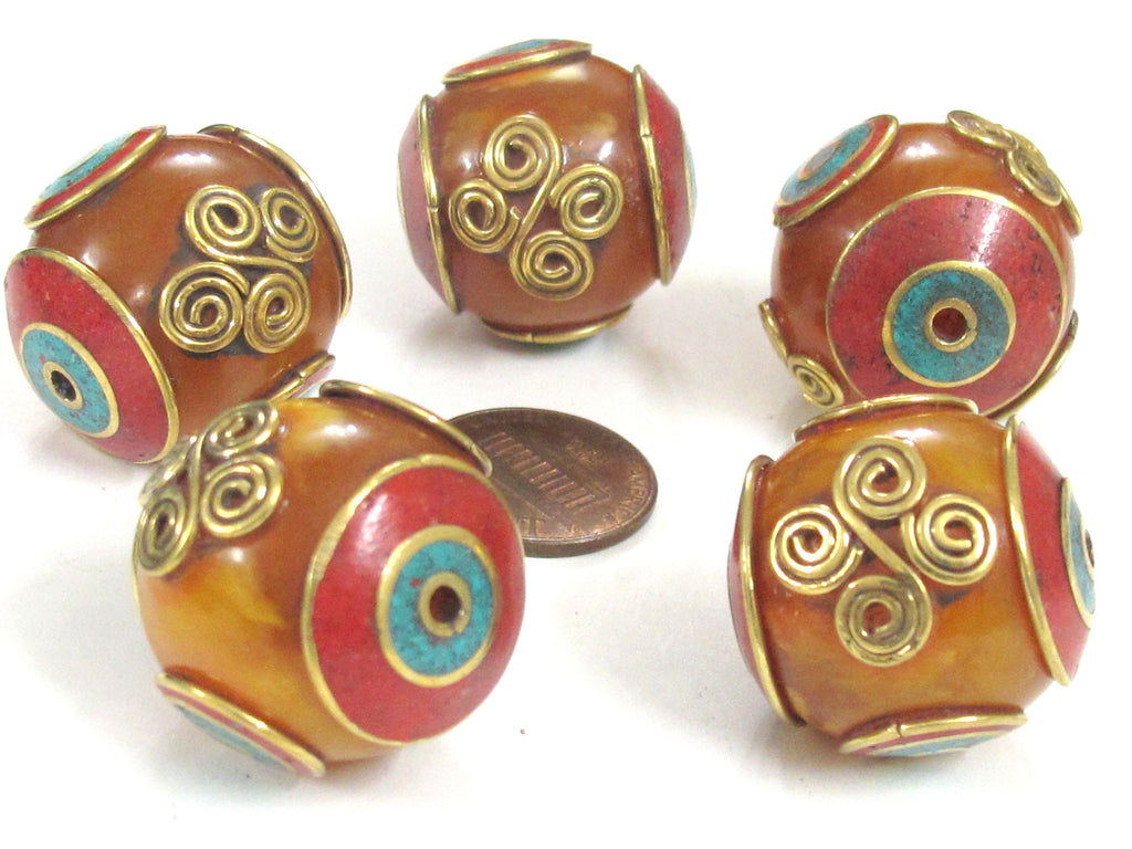2 Beads - Beautiful Tibetan copal resin bead with brass , turquoise and coral inlay spiral coil floral design - BD835K