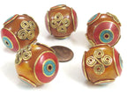 2 Beads - Beautiful Tibetan copal resin bead with brass , turquoise and coral inlay spiral coil floral design - BD835K