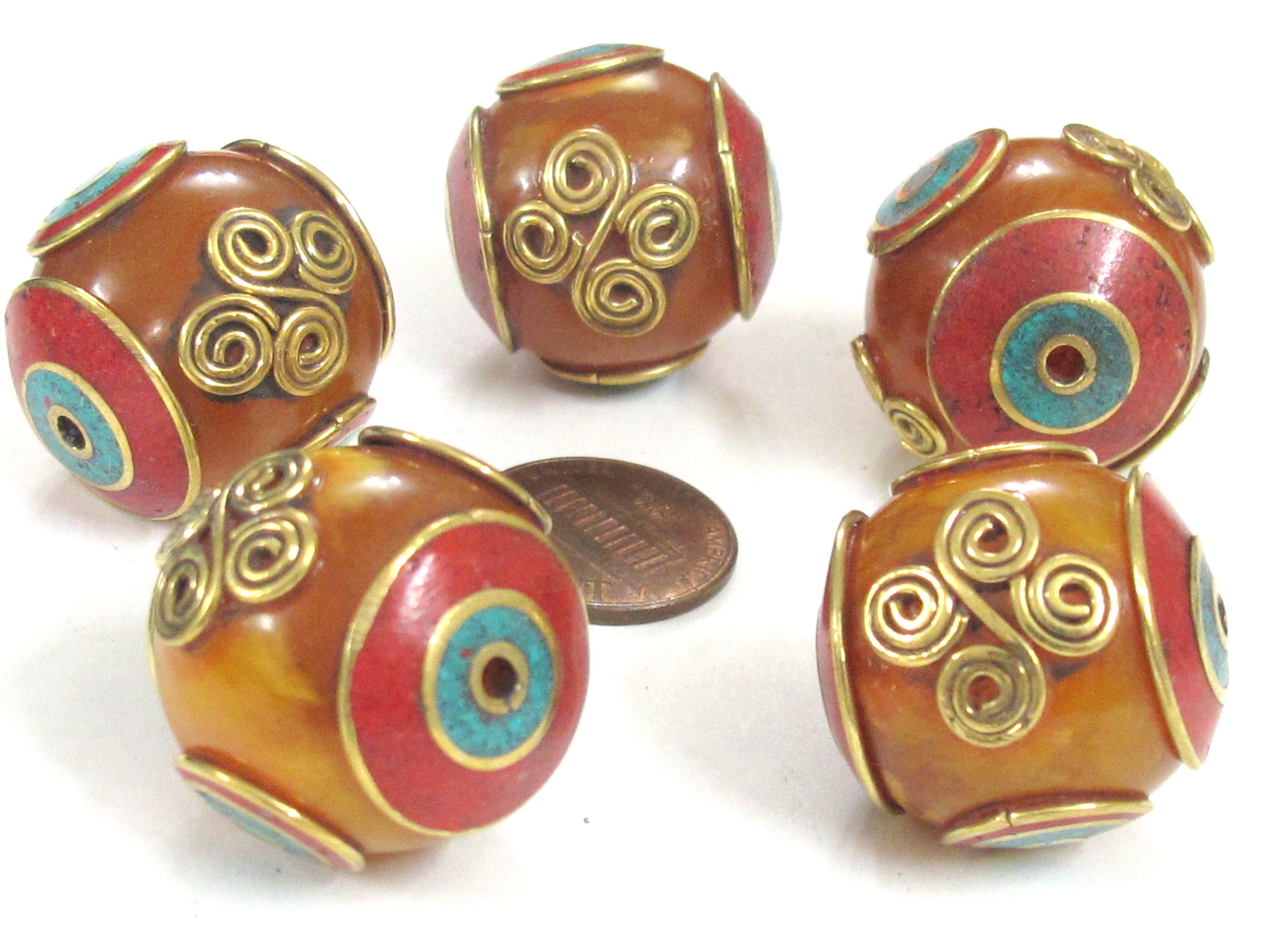 2 Beads - Beautiful Tibetan copal resin bead with brass , turquoise and coral inlay spiral coil floral design - BD835K