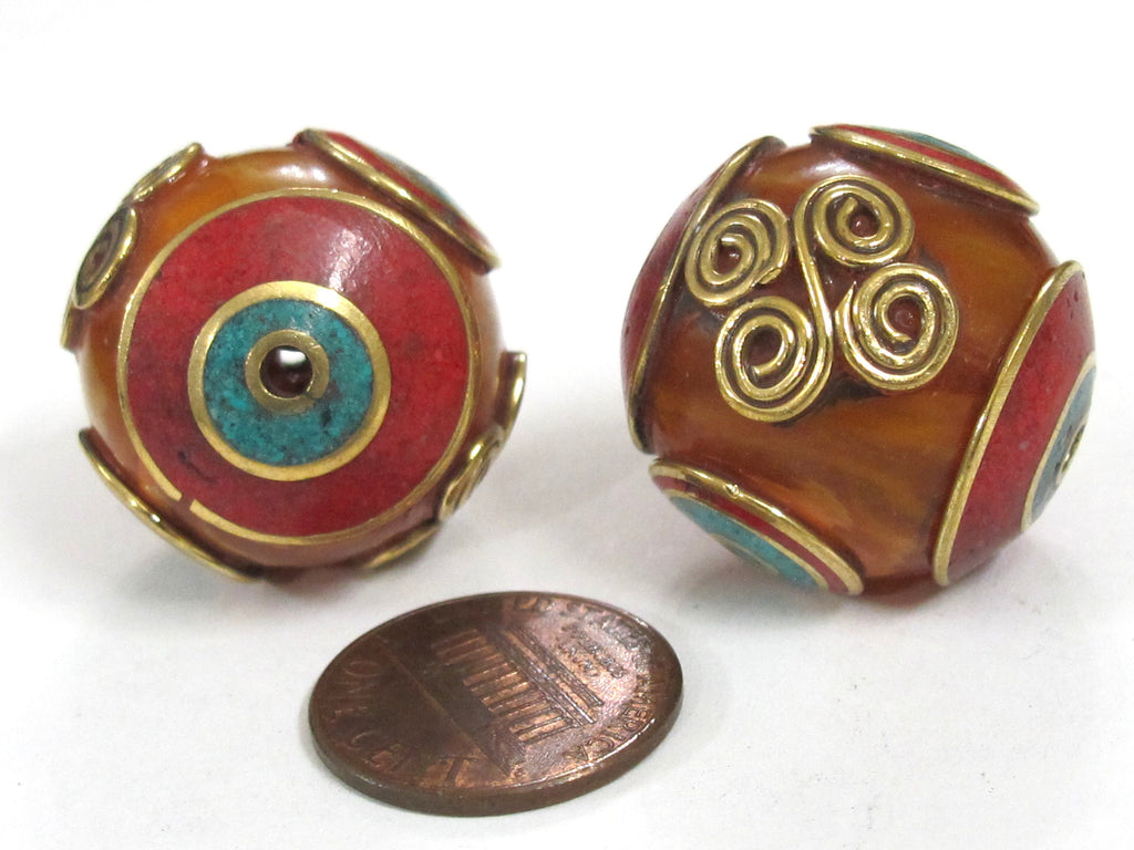 2 Beads - Beautiful Tibetan copal resin bead with brass , turquoise and coral inlay spiral coil floral design - BD835K