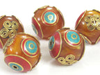2 Beads - Beautiful Tibetan copal resin bead with brass , turquoise and coral inlay spiral coil floral design - BD835K