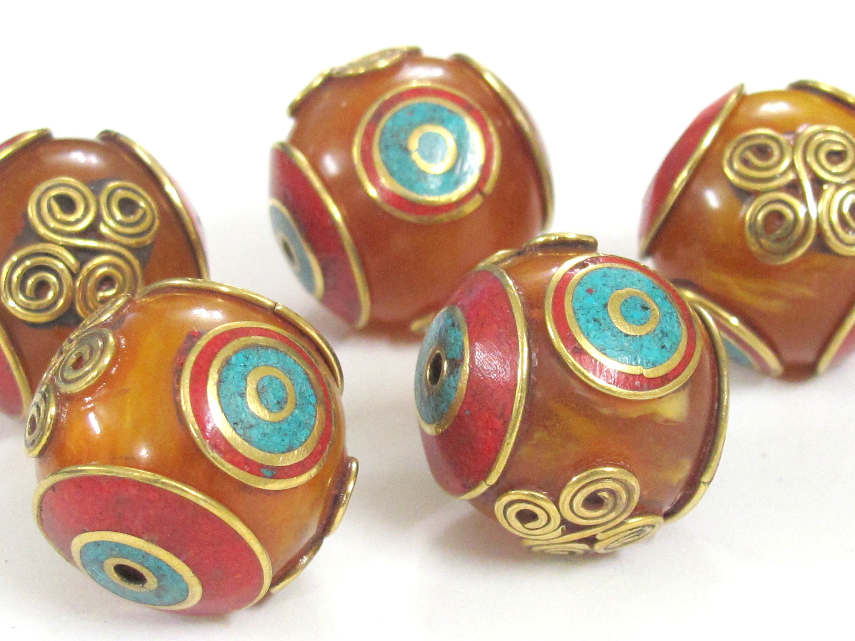 2 Beads - Beautiful Tibetan copal resin bead with brass , turquoise and coral inlay spiral coil floral design - BD835K