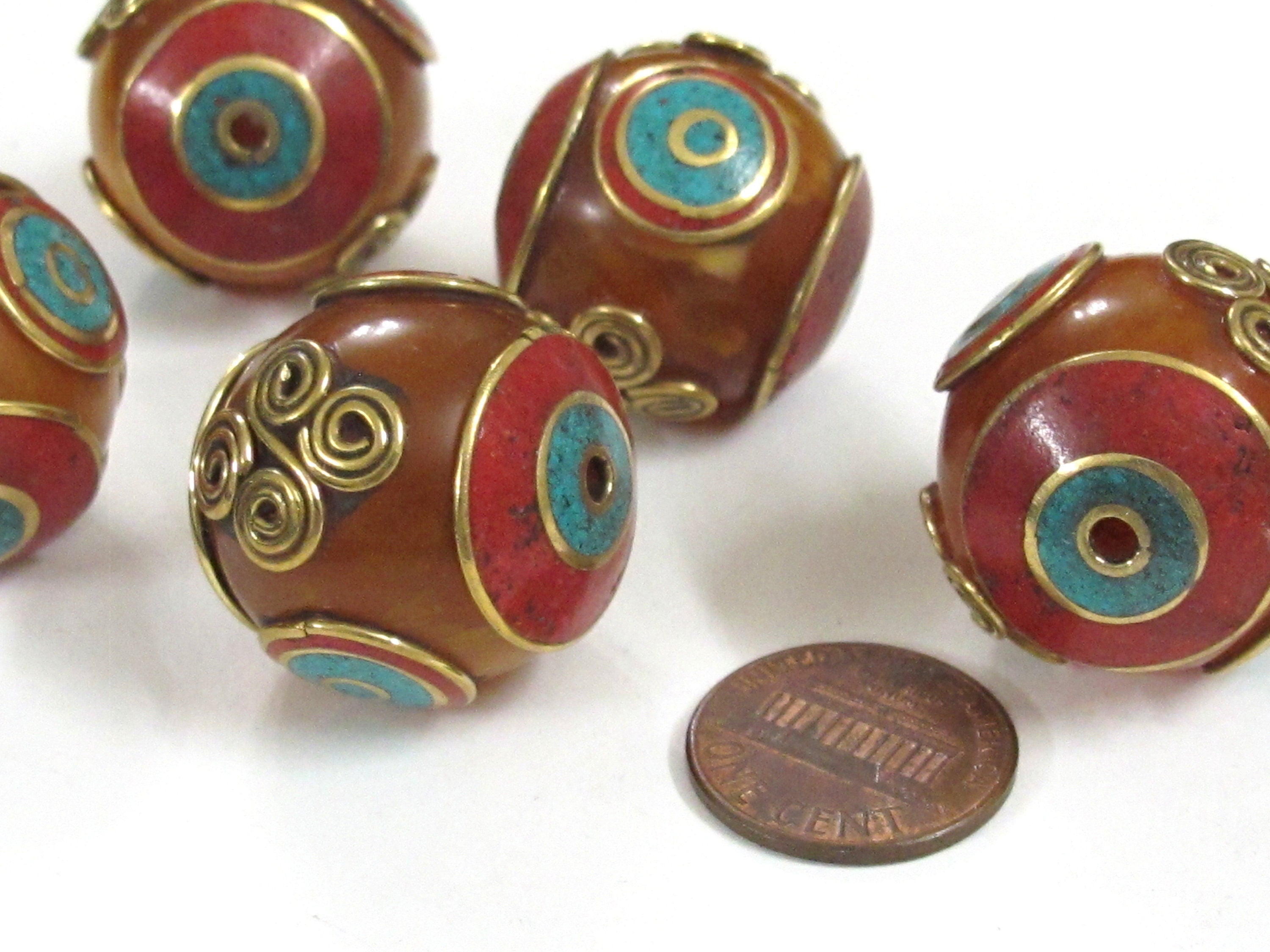 2 Beads - Beautiful Tibetan copal resin bead with brass , turquoise and coral inlay spiral coil floral design - BD835K