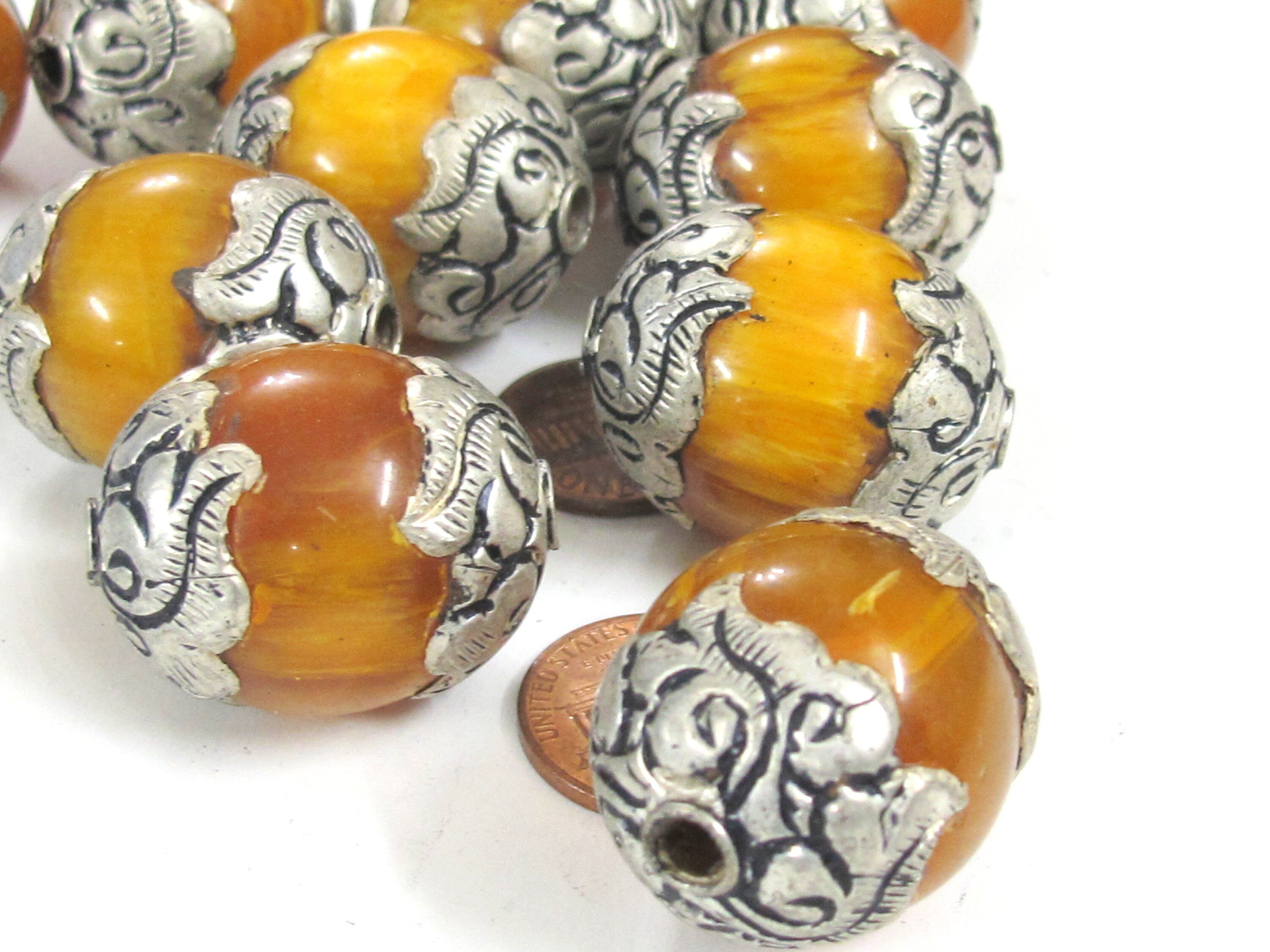 1 Bead - Tibetan copal resin silver color capped floral design bead Nepal beads large size - BD720K