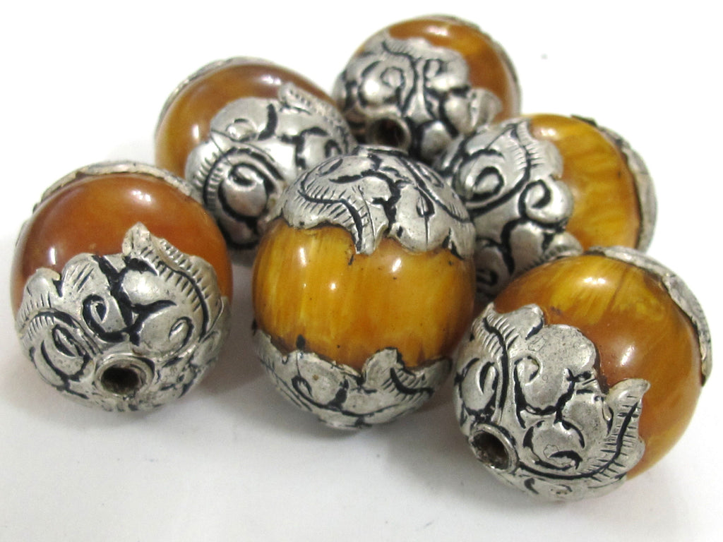 1 Bead - Tibetan copal resin silver color capped floral design bead Nepal beads large size - BD720K