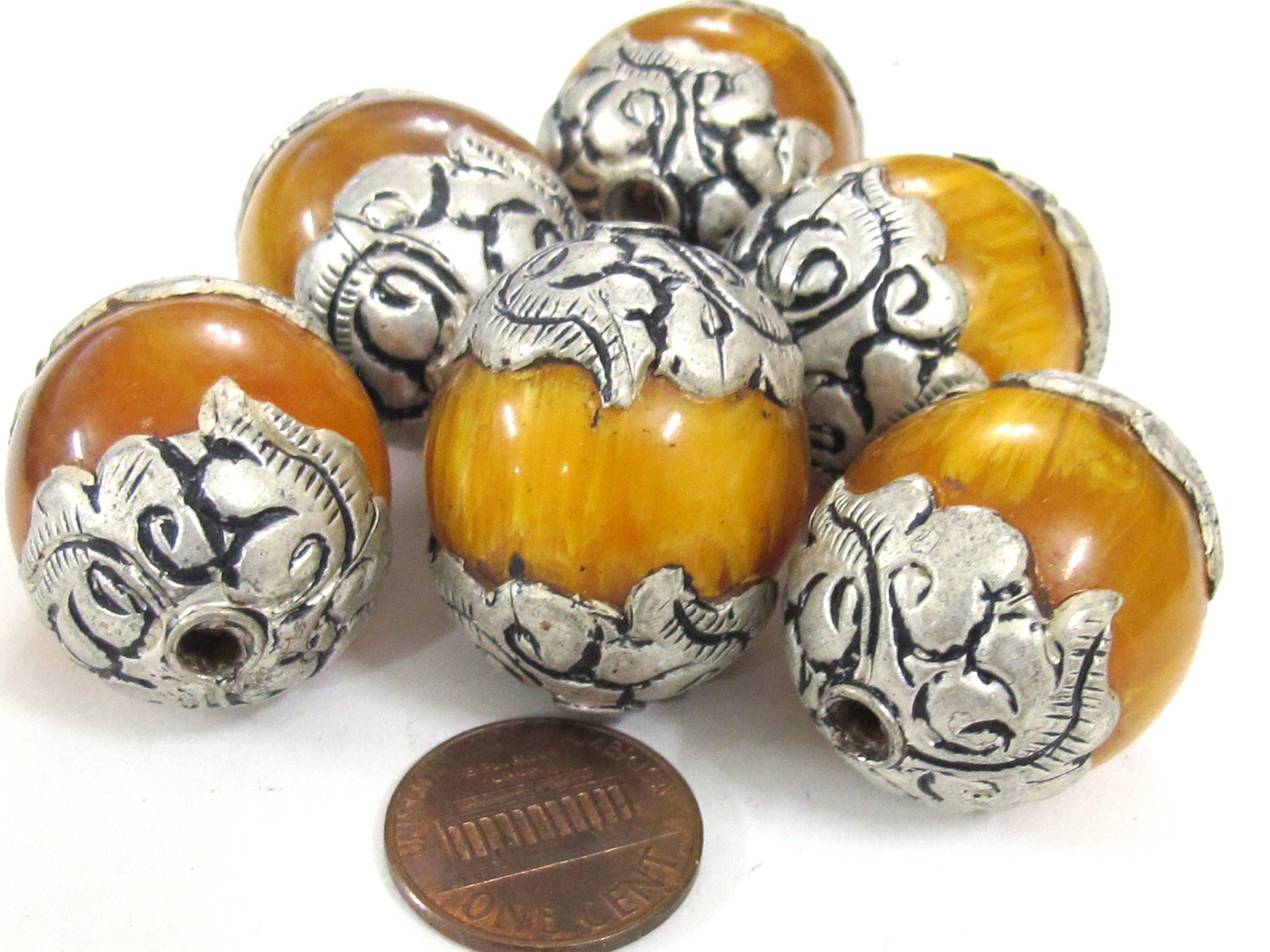 1 Bead - Tibetan copal resin silver color capped floral design bead Nepal beads large size - BD720K
