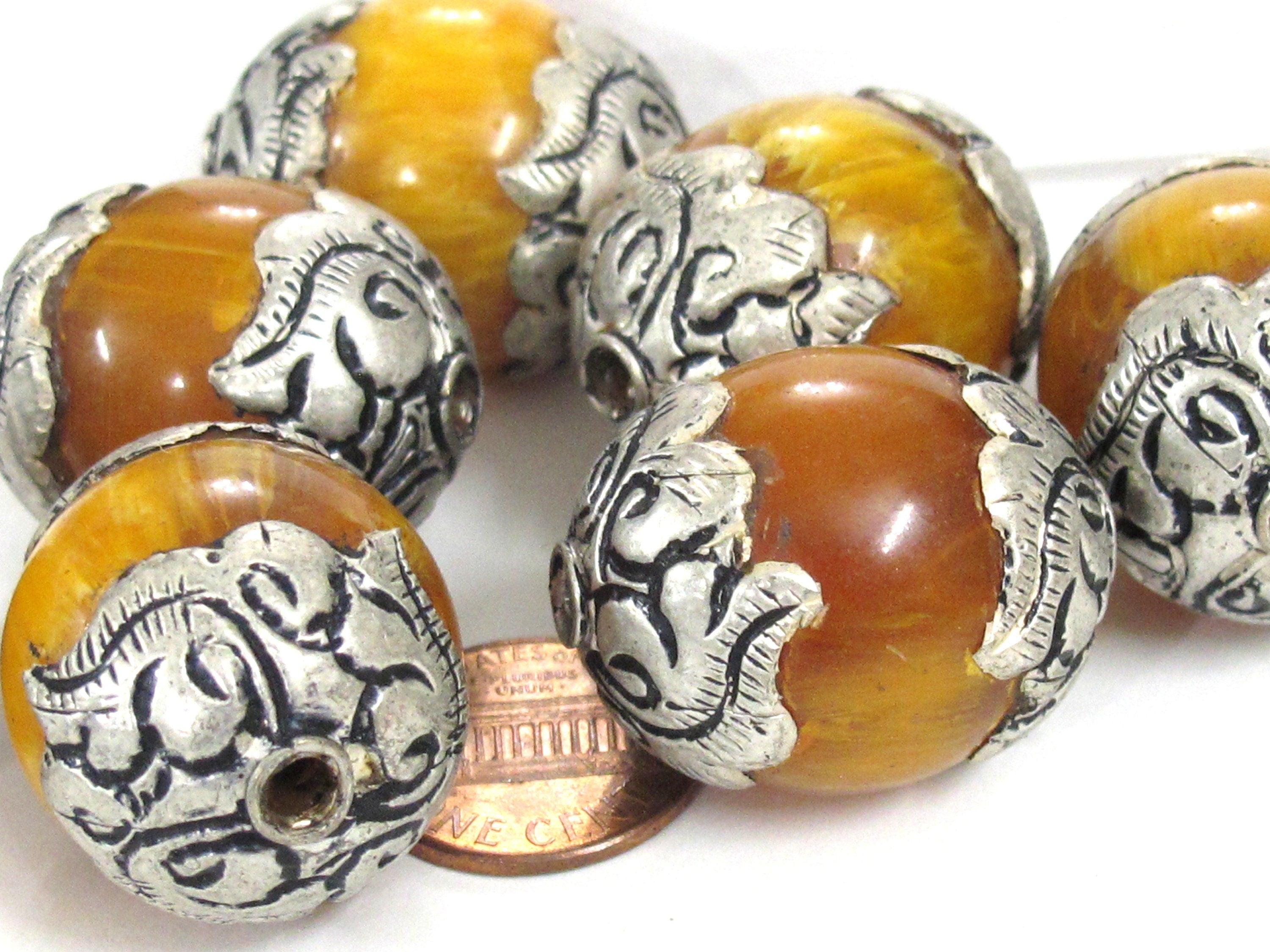 1 Bead - Tibetan copal resin silver color capped floral design bead Nepal beads large size - BD720K
