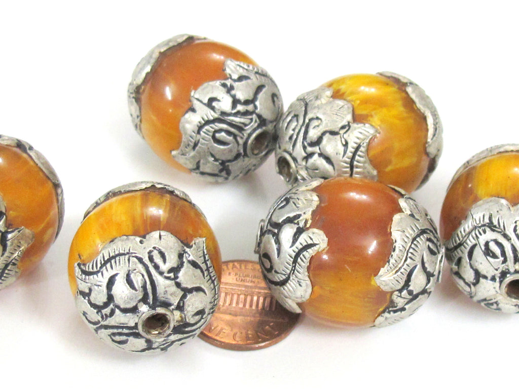 1 Bead - Tibetan copal resin silver color capped floral design bead Nepal beads large size - BD720K