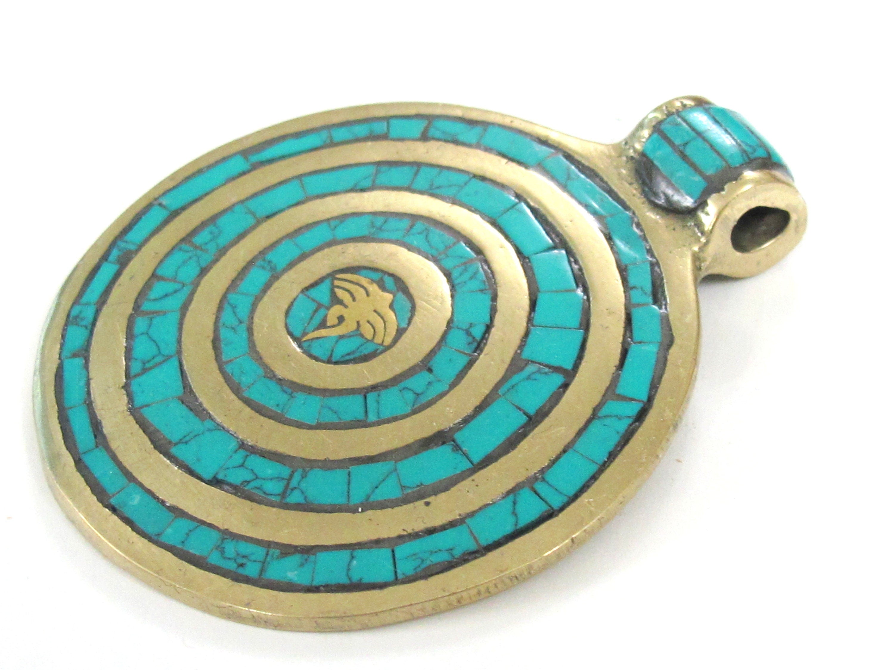 1 Pendant - Large Tibetan brass pendant Buddha eye concentric circles design with turquoise inlay - PM274B