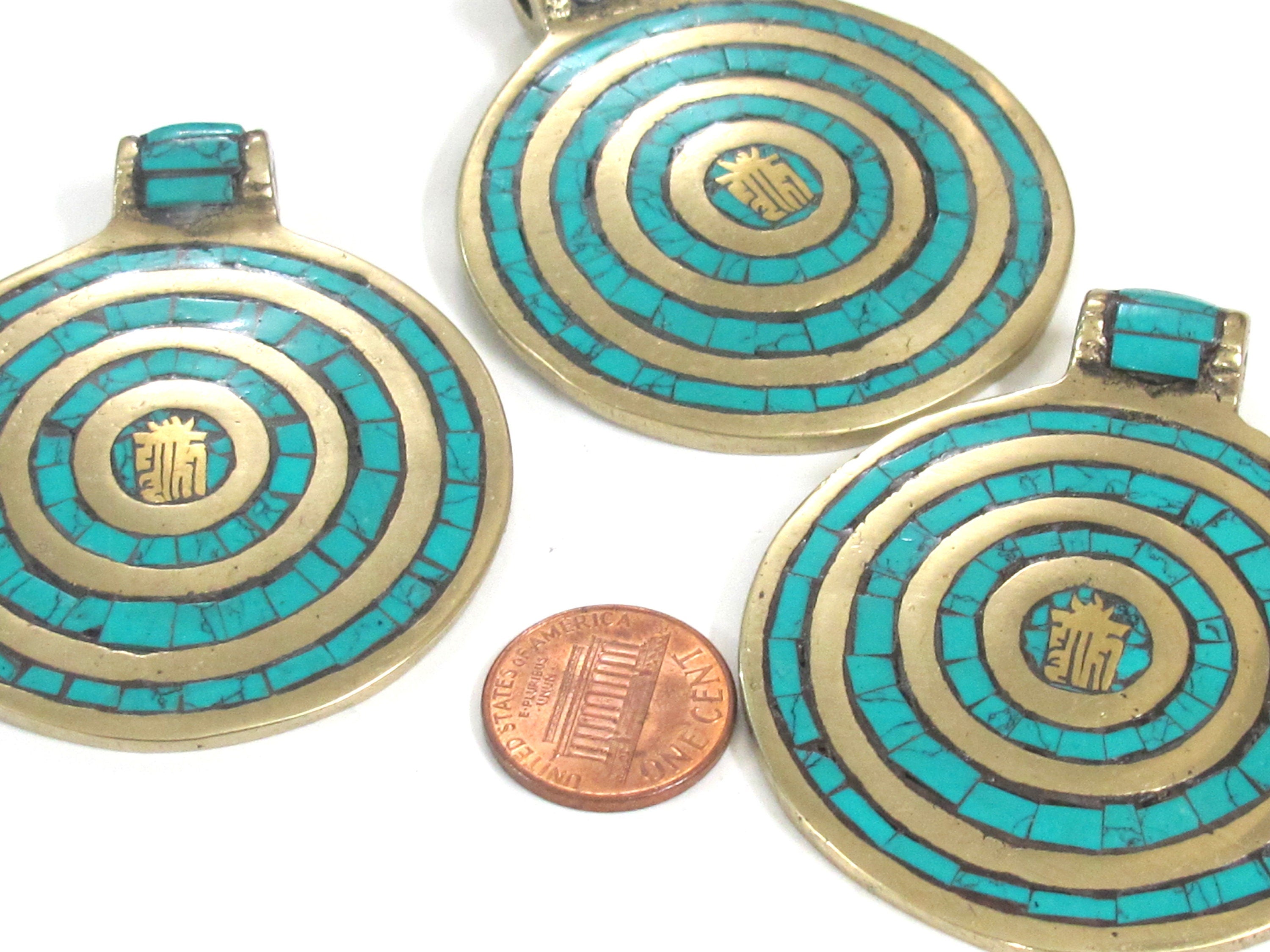 1 Pendant - Tibetan Kalachakra mantra spiral circles brass pendant with turquoise inlay - PM274A