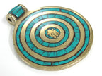 1 Pendant - Tibetan Kalachakra mantra spiral circles brass pendant with turquoise inlay - PM274A
