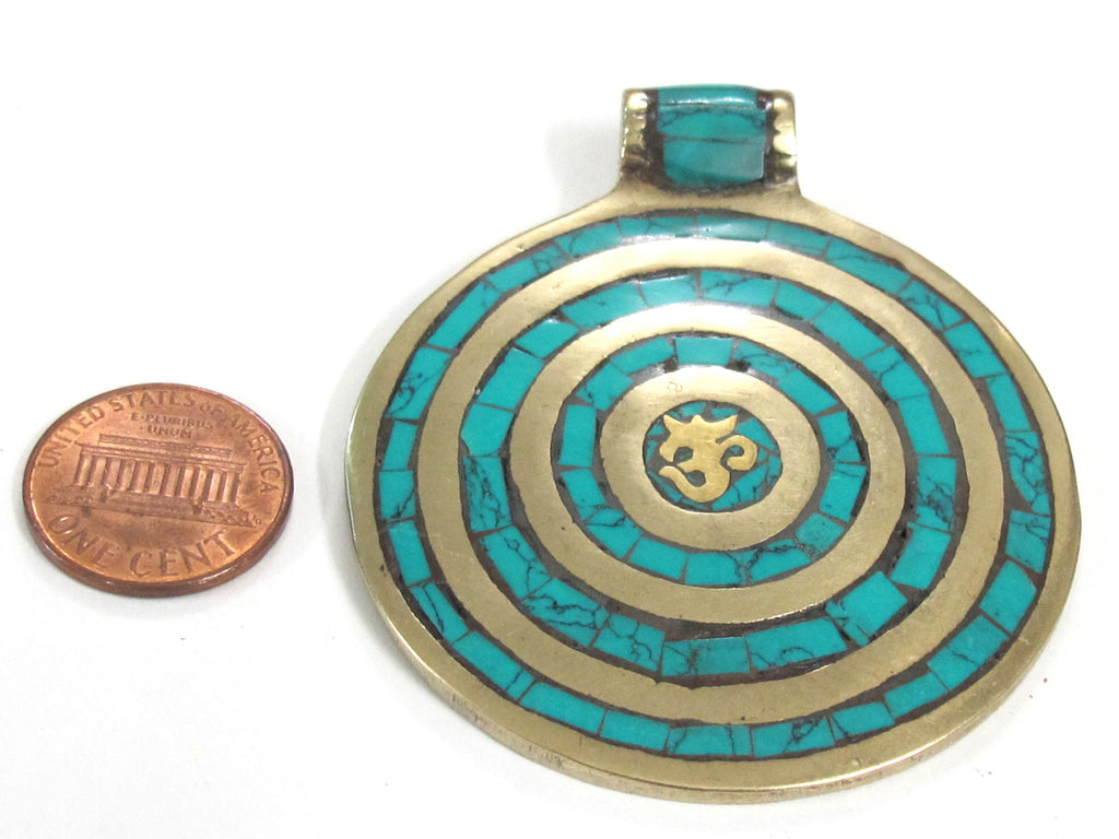 Tibetan Nepal Om mantra brass pendant with circles pattern turquoise inlaid - PM273B
