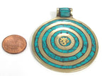 Tibetan Nepal Om mantra brass pendant with circles pattern turquoise inlaid - PM273B