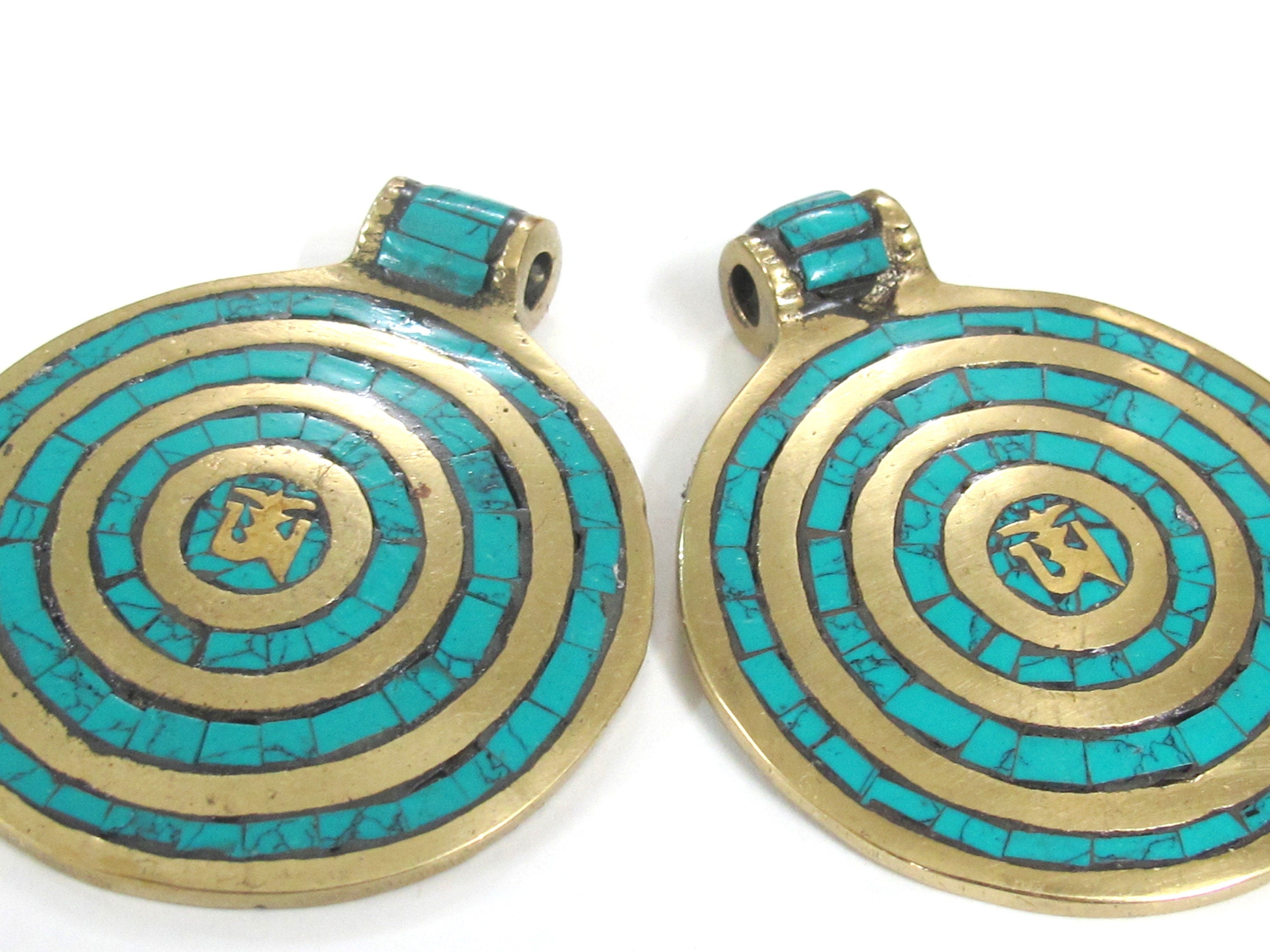 Large Round shape Tibetan Om spiral circles brass pendant with turquoise inlay - PM273A