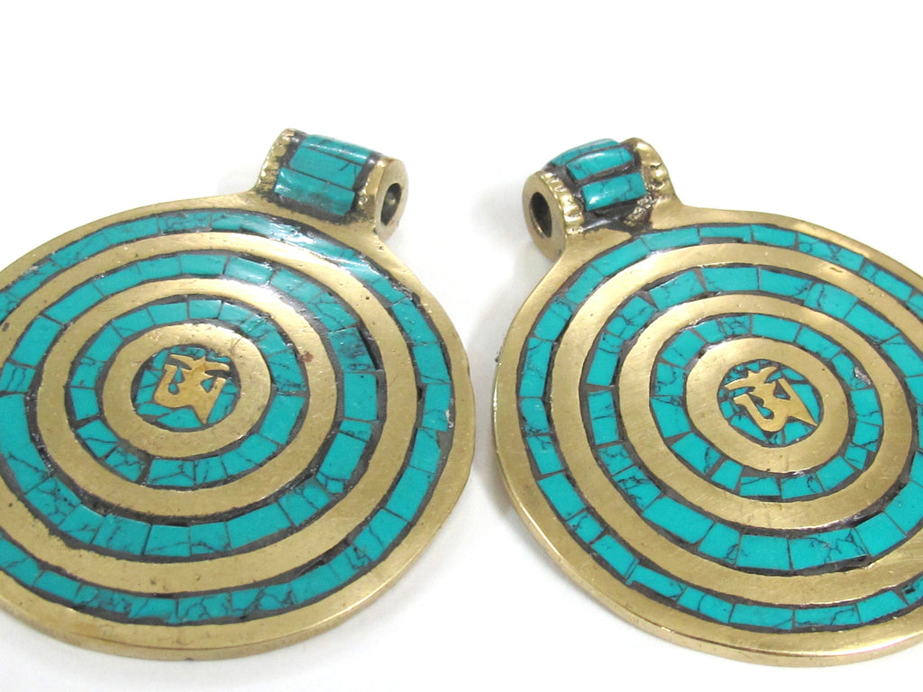 Large Round shape Tibetan Om spiral circles brass pendant with turquoise inlay - PM273A