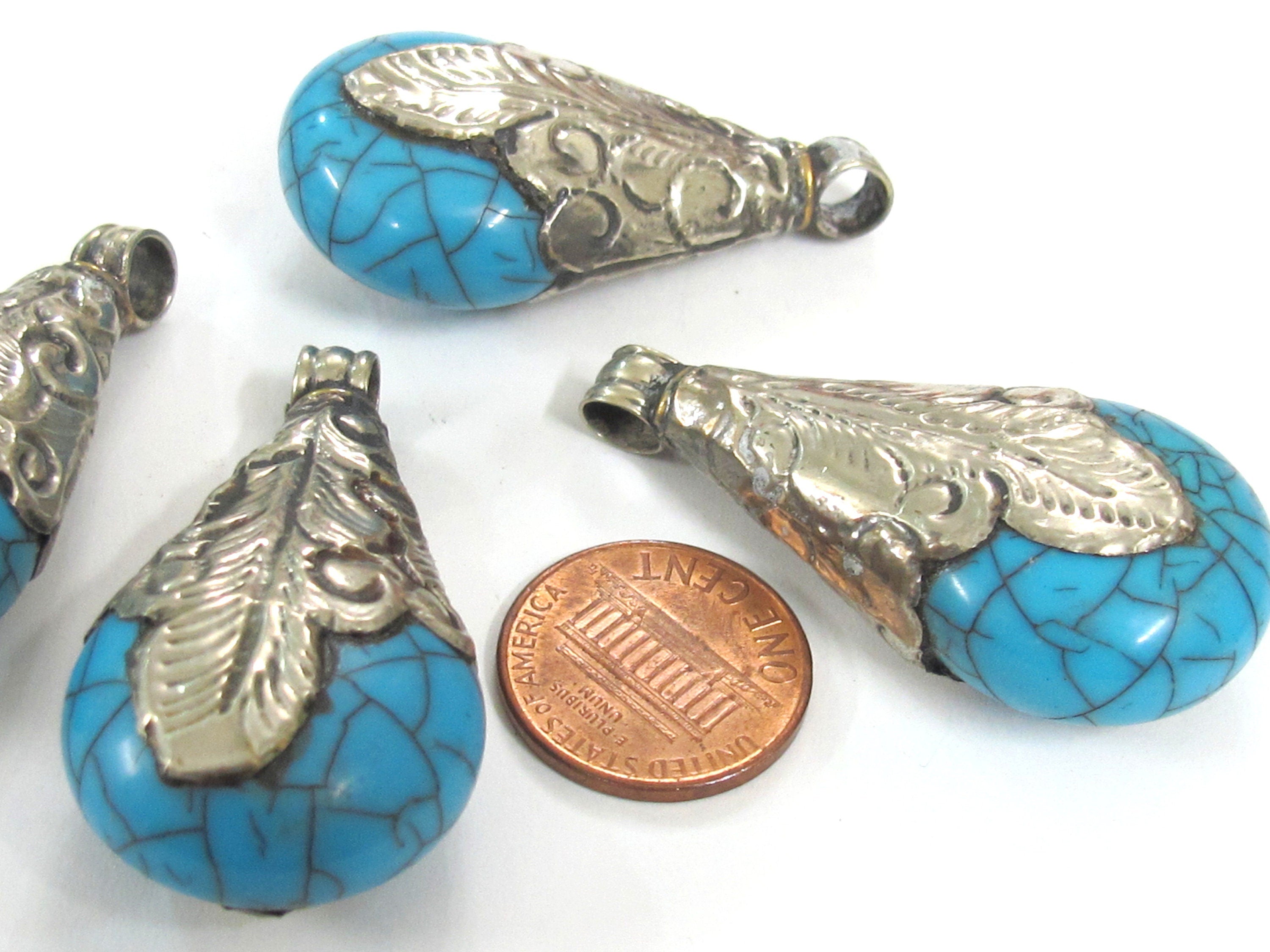 1 Pendant - Tibetan silver color capped teardrop shape blue crackle resin pendant from Nepal - PM316E