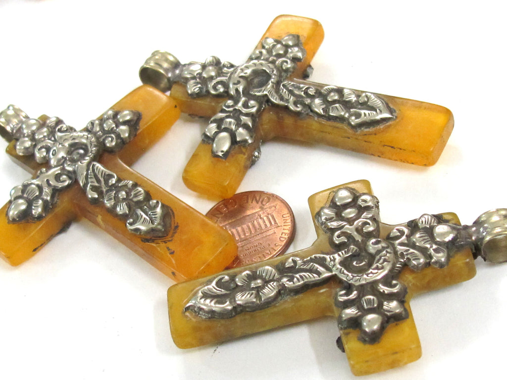 1 Pendant - Nepal Tibetan Cross Pendant, silver color Mix Floral Animal Design, yellow honey color resin Pendant, antiqued finish PM514P