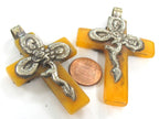 1 Pendant - Nepal Tibetan Cross Pendant, silver color Mix Floral Animal Design, yellow honey color resin Pendant, antiqued finish PM514P