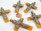 1 Pendant - Nepal Tibetan Cross Pendant, silver color Mix Floral Animal Design, yellow honey color resin Pendant, antiqued finish PM514P
