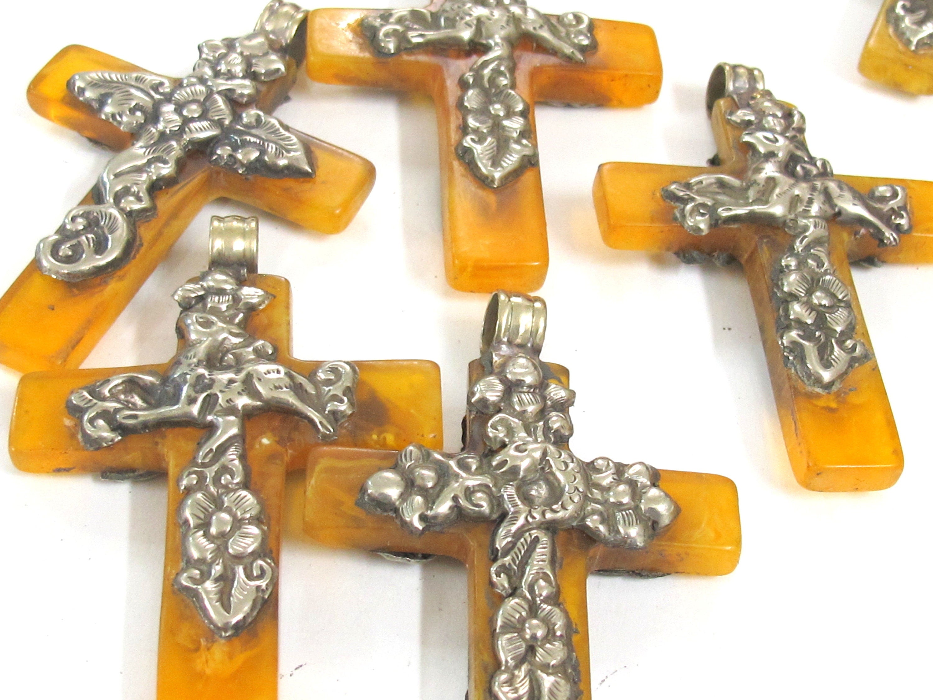 1 Pendant - Nepal Tibetan Cross Pendant, silver color Mix Floral Animal Design, yellow honey color resin Pendant, antiqued finish PM514P