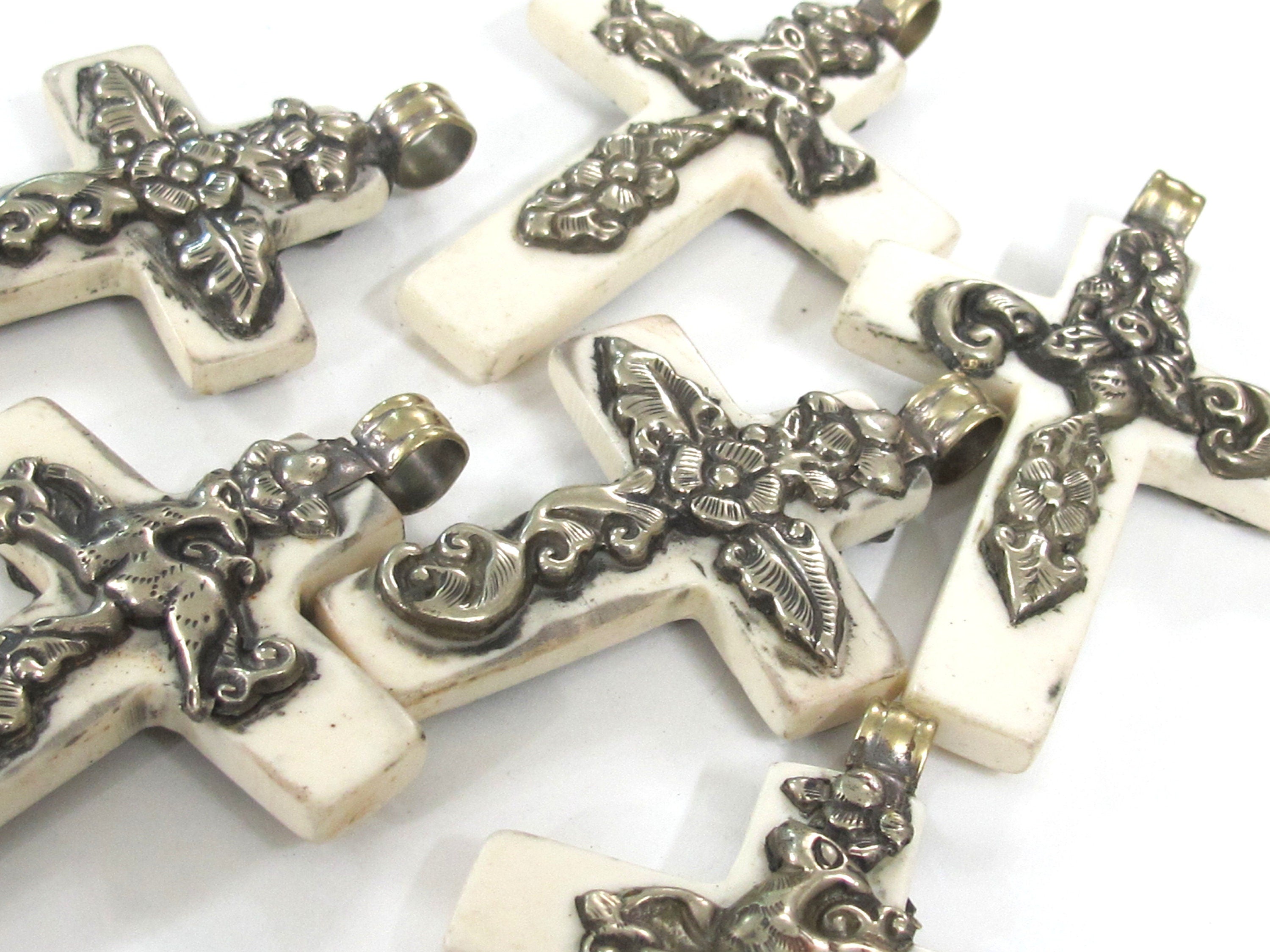 1 Pendant- Nepal Tibetan Cross Pendant, silver color Mix Floral Animal Design, Cream Resin Pendant, Nepalese Cross Charm PM514R