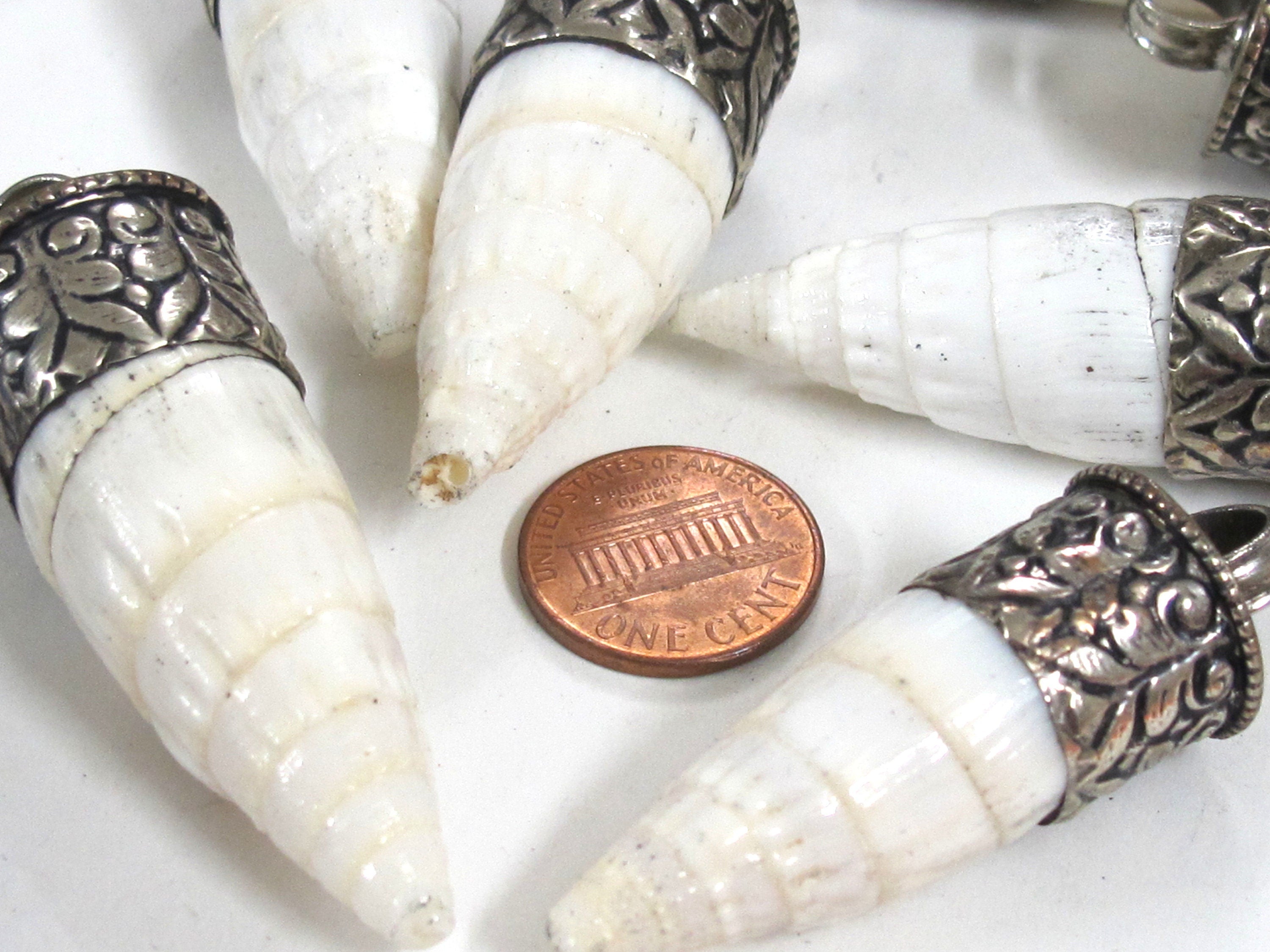 1 Pendant - Tibetan pendants shell pendant Tibetan silver color capped conical grooved ribbed shell pendant - PM322M