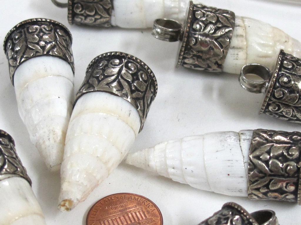 1 Pendant - Tibetan pendants shell pendant Tibetan silver color capped conical grooved ribbed shell pendant - PM322M