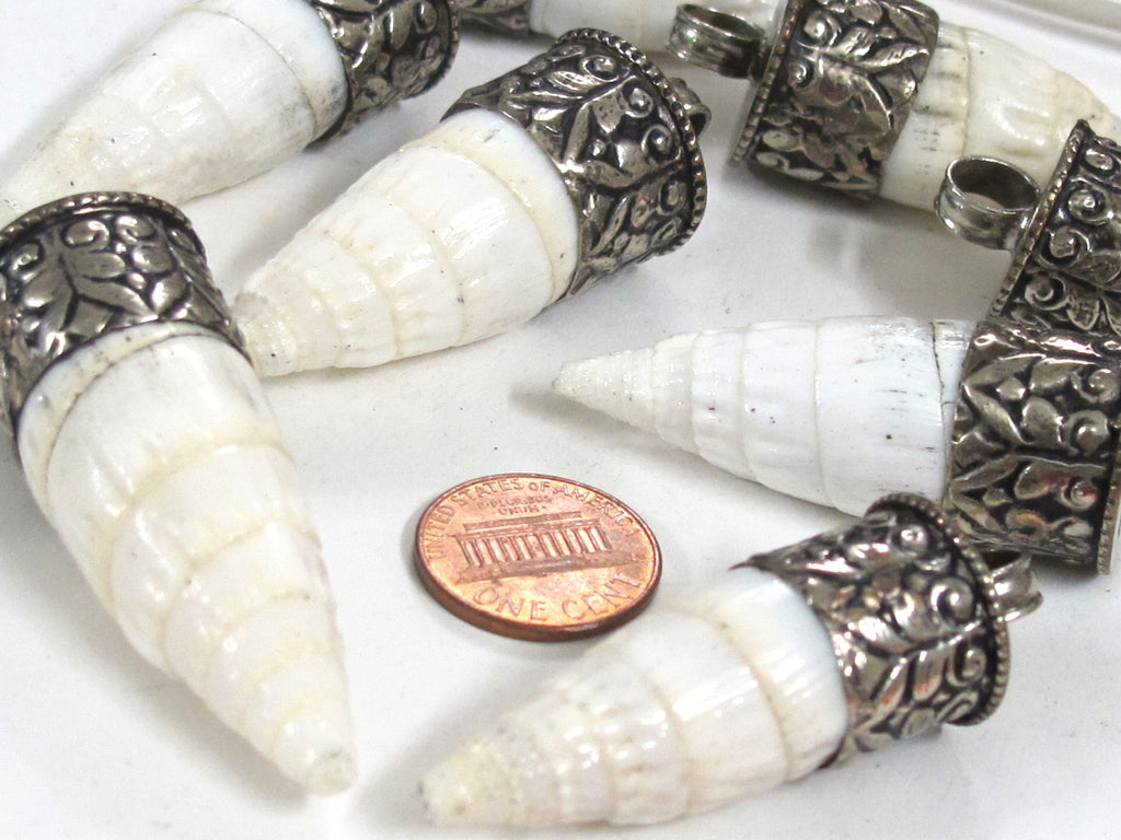 1 Pendant - Tibetan pendants shell pendant Tibetan silver color capped conical grooved ribbed shell pendant - PM322M