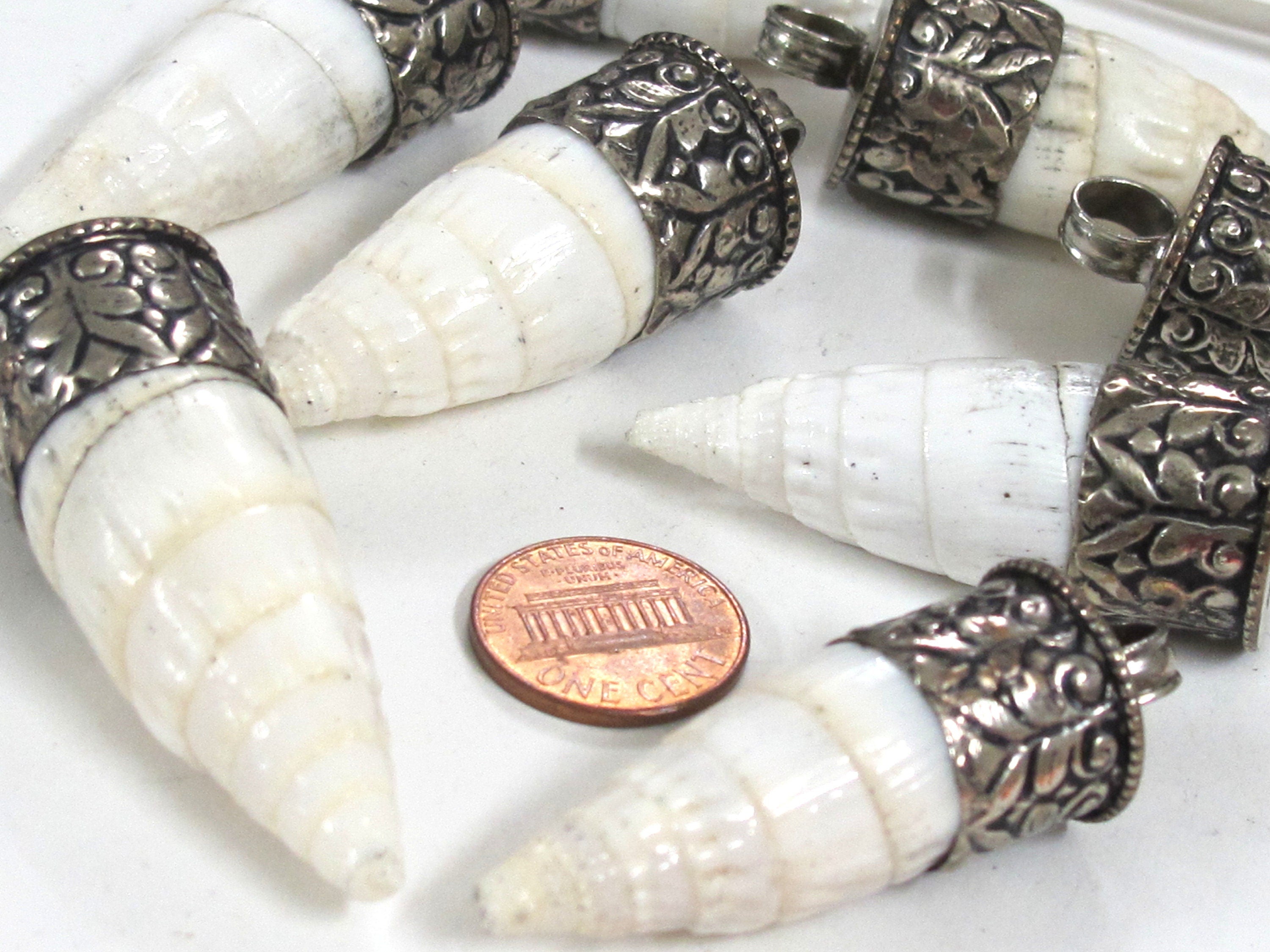 1 Pendant - Tibetan pendants shell pendant Tibetan silver color capped conical grooved ribbed shell pendant - PM322M