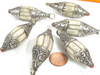 1 Pendant - Ethnic Nepal Tibetan silver color capped wire inlaid Naga Conch shell bicone drop shape pendant from Nepal - PM427K