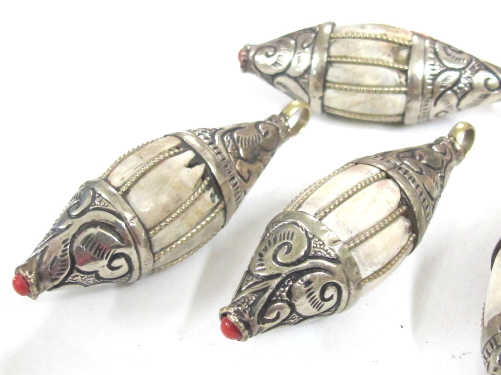 1 Pendant - Ethnic Nepal Tibetan silver color capped wire inlaid Naga Conch shell bicone drop shape pendant from Nepal - PM427K