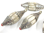 1 Pendant - Ethnic Nepal Tibetan silver color capped wire inlaid Naga Conch shell bicone drop shape pendant from Nepal - PM427K