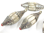 1 Pendant - Ethnic Nepal Tibetan silver color capped wire inlaid Naga Conch shell bicone drop shape pendant from Nepal - PM427K