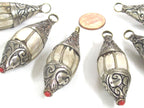 1 Pendant - Ethnic Nepal Tibetan silver color capped wire inlaid Naga Conch shell bicone drop shape pendant from Nepal - PM427K