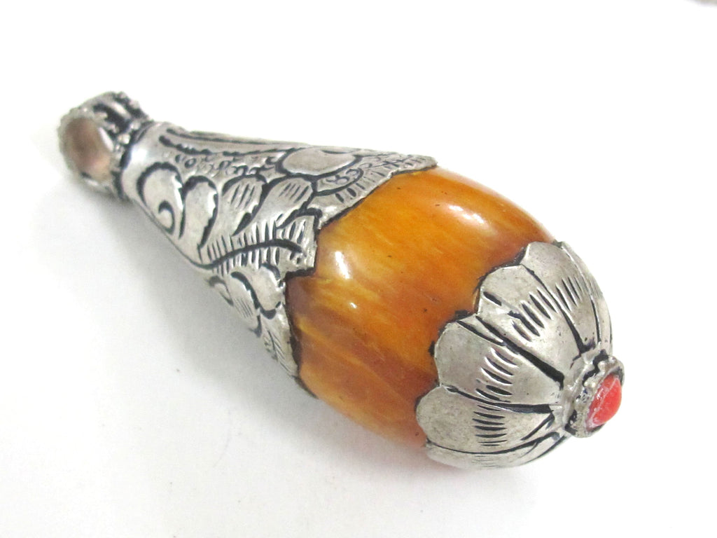 1 Pendant - Large Teardrop shape Tibetan silver color Lotus floral leaf design copal resin pendant Nepal - PM422K