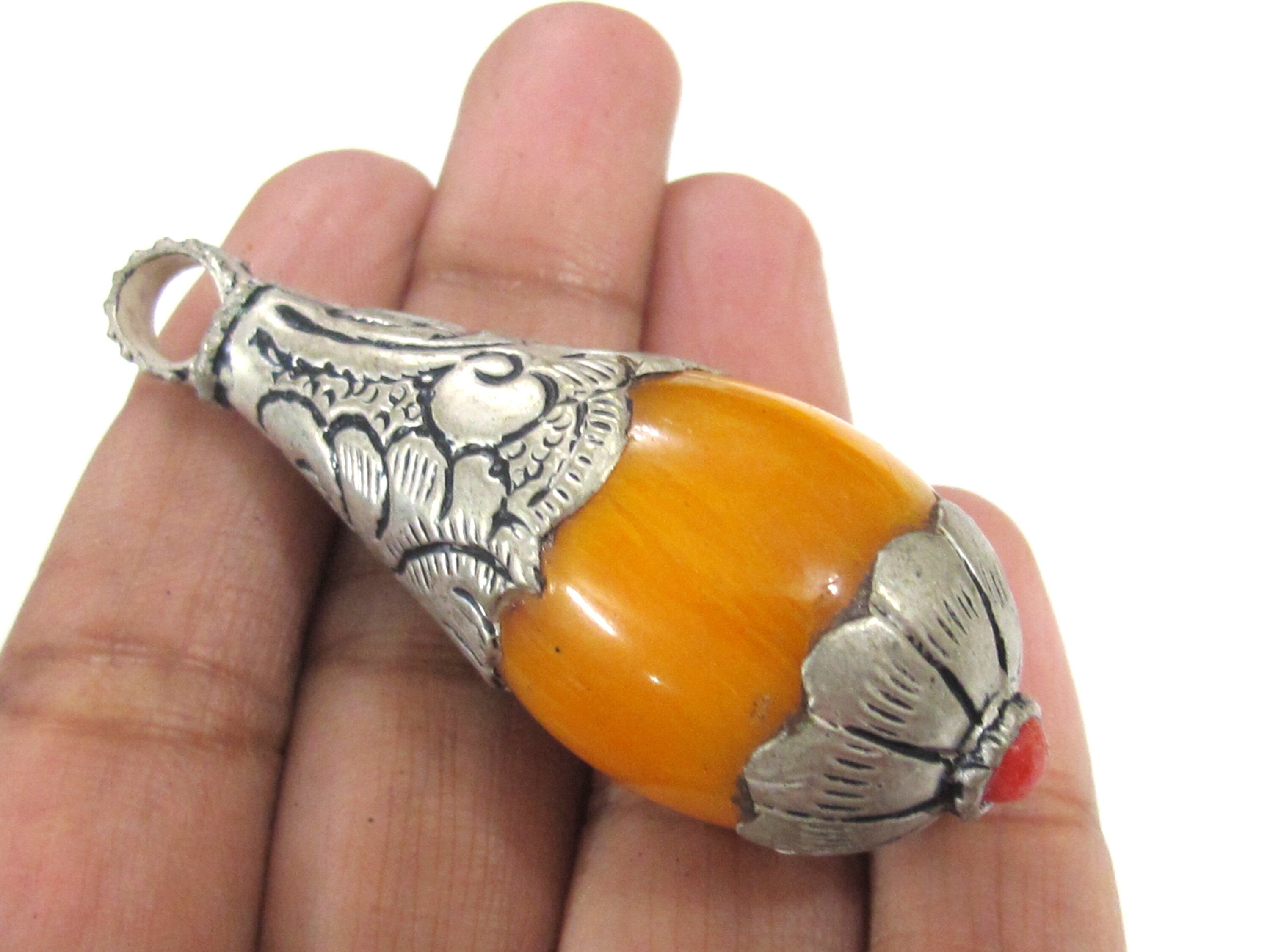 1 Pendant - Large Teardrop shape Tibetan silver color Lotus floral leaf design copal resin pendant Nepal - PM422K