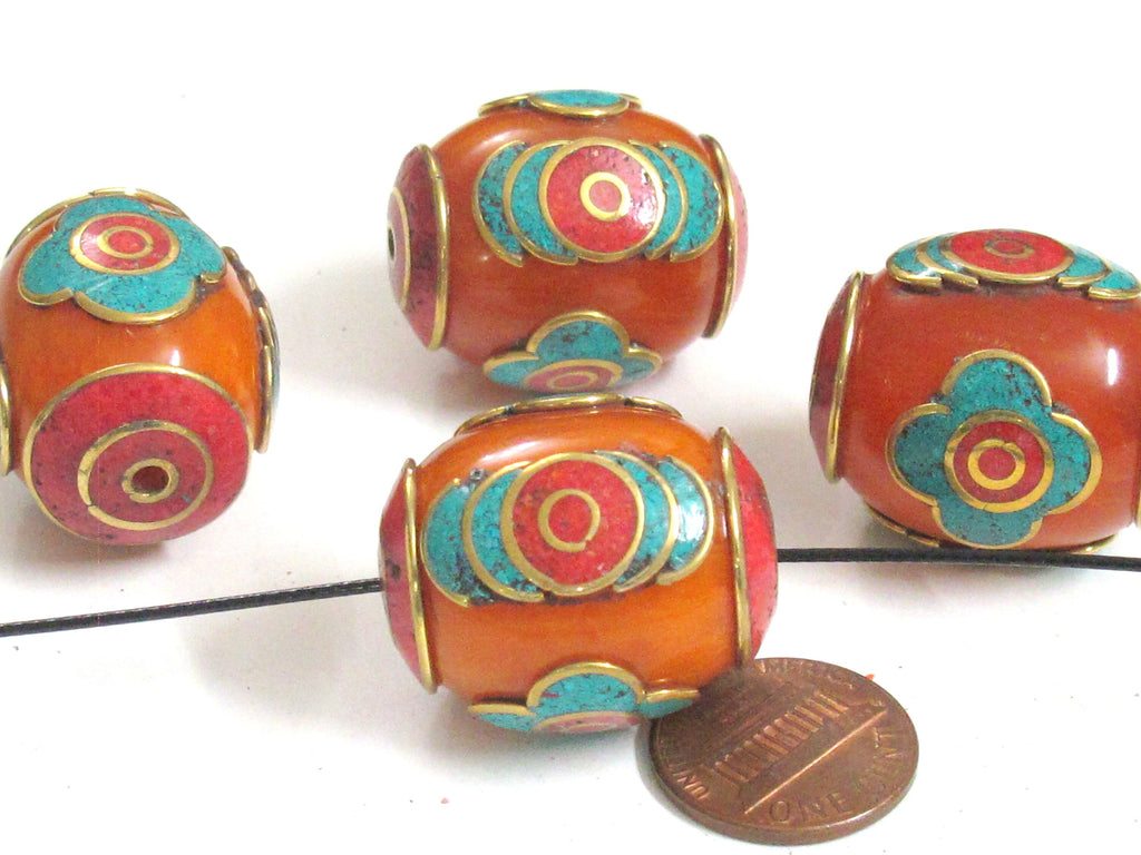 2 Beads - Large Tibetan copal resin bead with brass , turquoise and inlay - BD982A