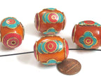 2 Beads - Large Tibetan copal resin bead with brass , turquoise and inlay - BD982A