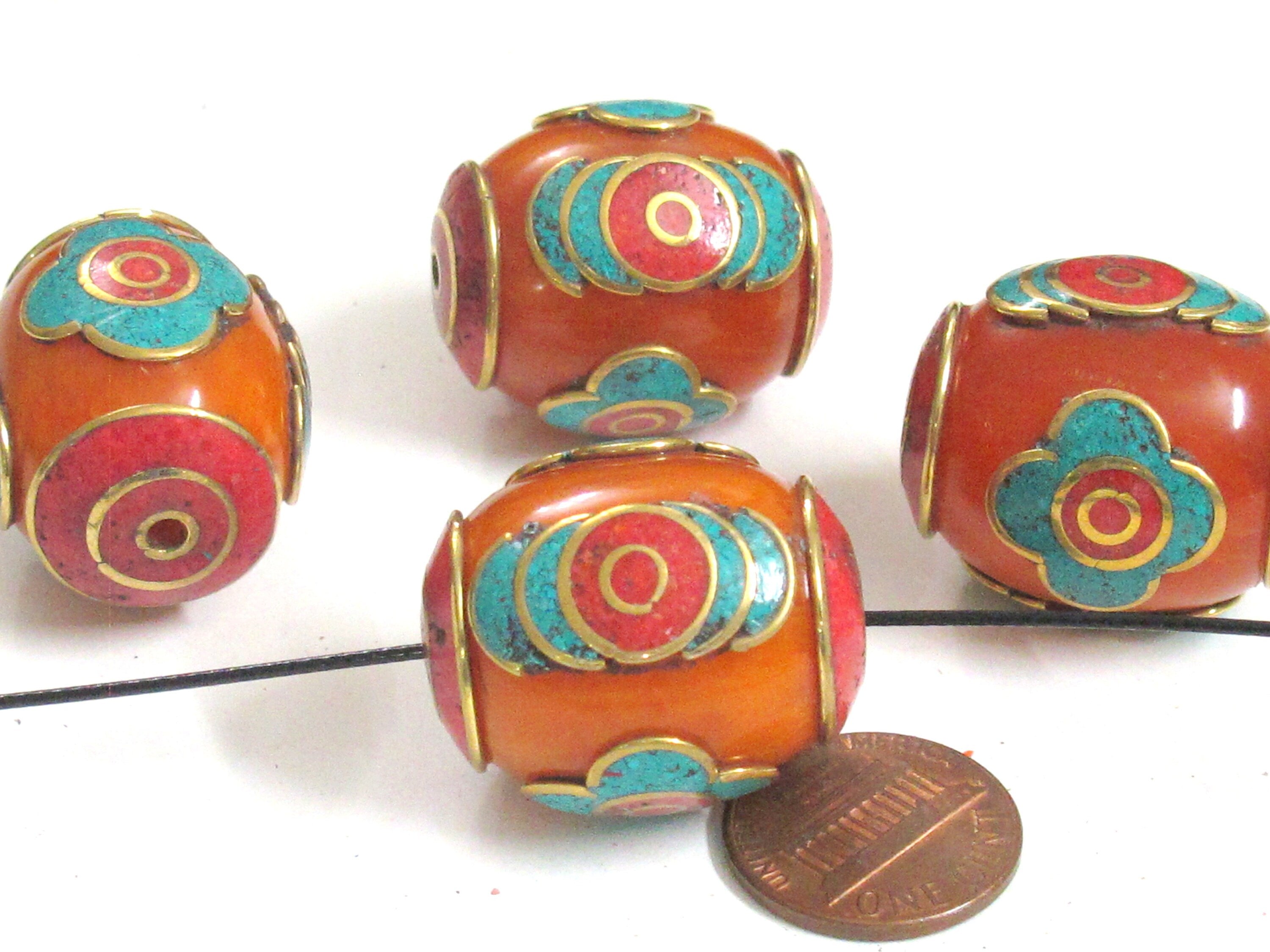 2 Beads - Large Tibetan copal resin bead with brass , turquoise and inlay - BD982A