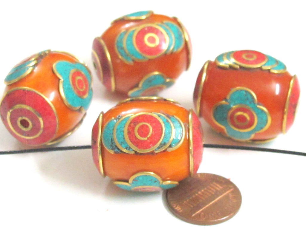 2 Beads - Large Tibetan copal resin bead with brass , turquoise and inlay - BD982A