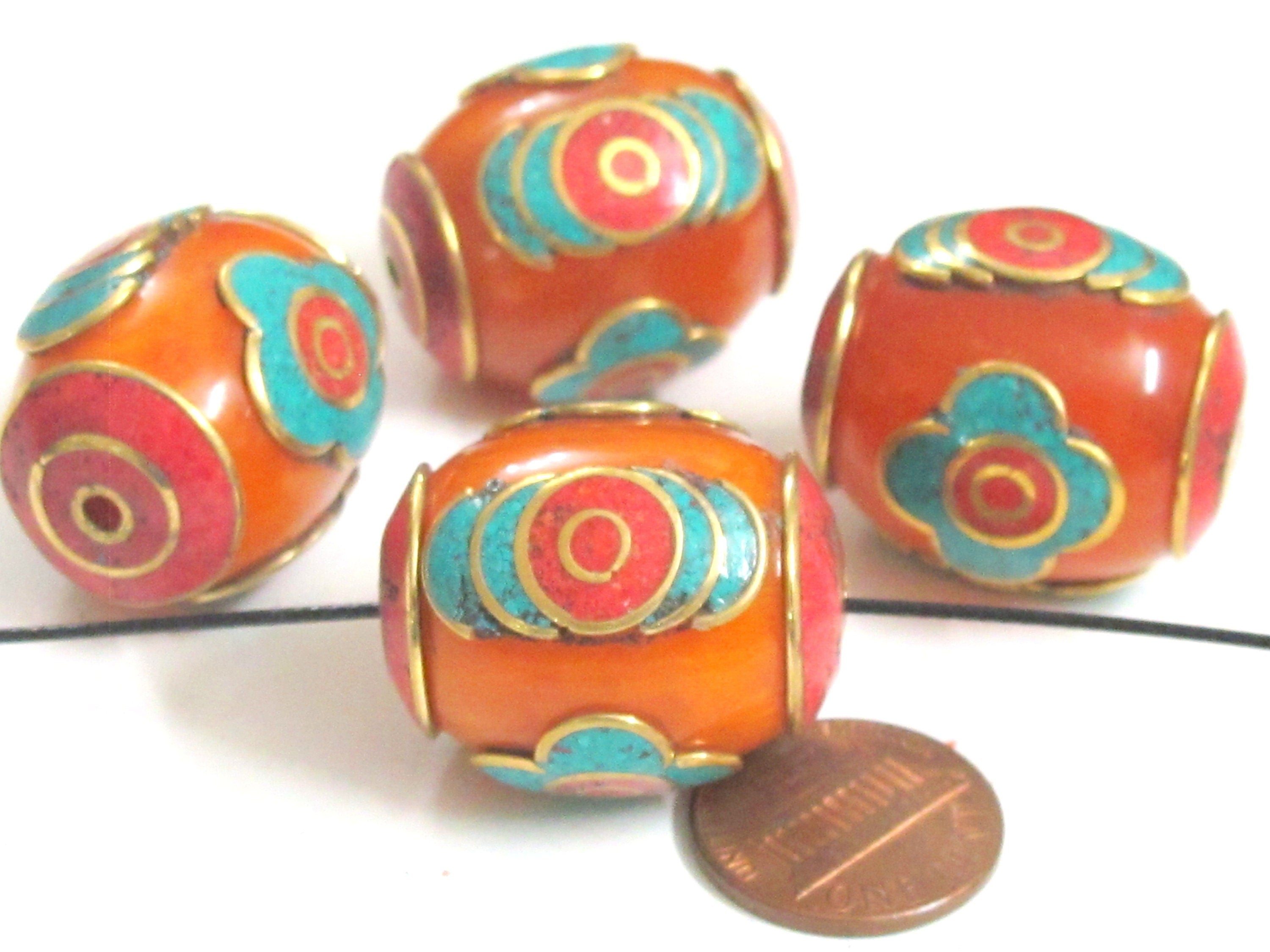 2 Beads - Large Tibetan copal resin bead with brass , turquoise and inlay - BD982A