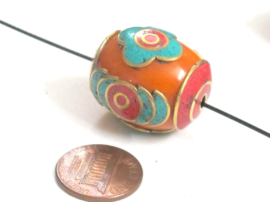 2 Beads - Large Tibetan copal resin bead with brass , turquoise and inlay - BD982A