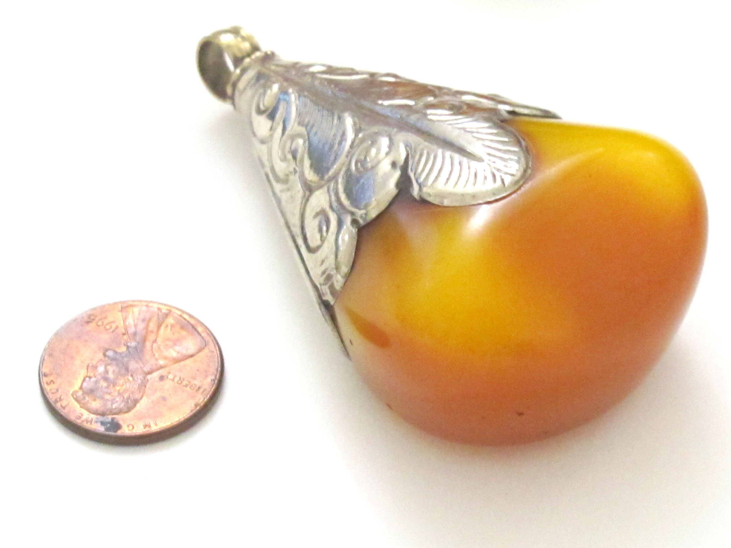 1 pendant - Large big bold size drop shape Tibetan silver finish capped copal resin pendant - PM331M