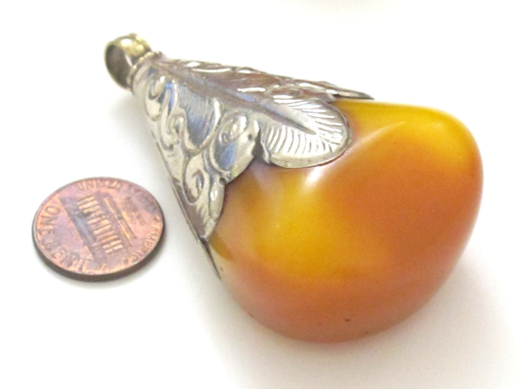1 pendant - Large big bold size drop shape Tibetan silver finish capped copal resin pendant - PM331M