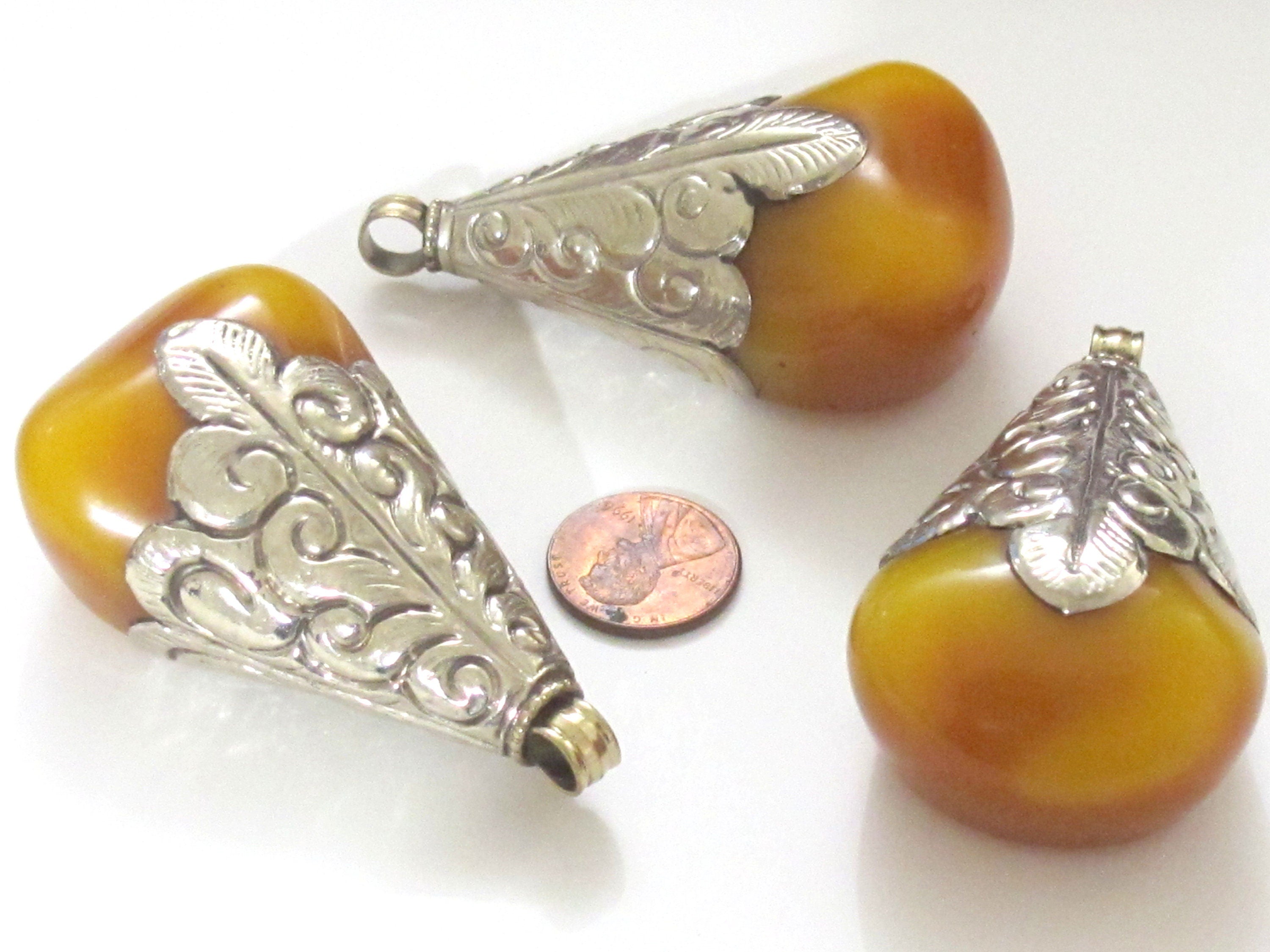1 pendant - Large big bold size drop shape Tibetan silver finish capped copal resin pendant - PM331A