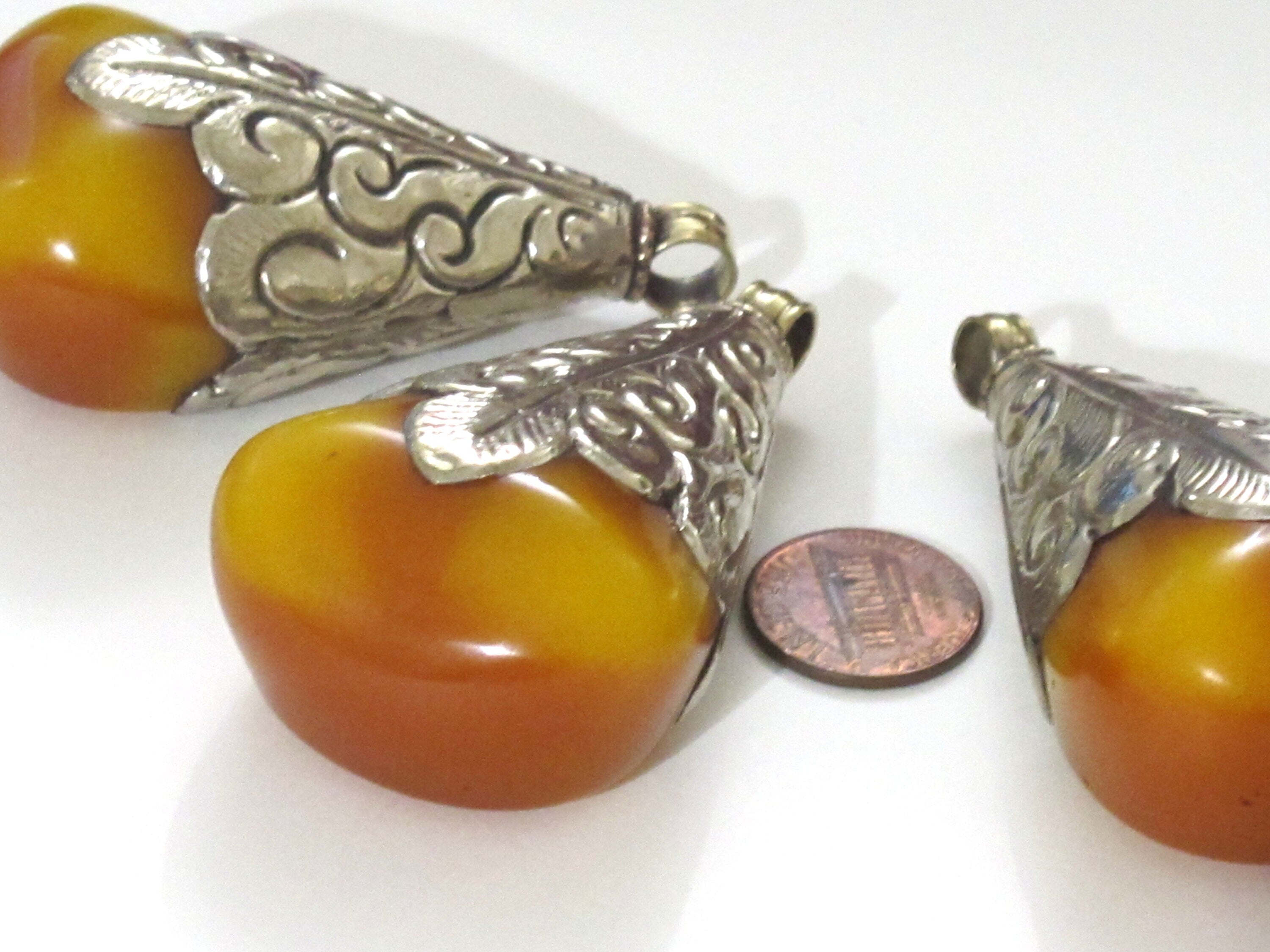 1 pendant - Large big bold size drop shape Tibetan silver finish capped copal resin pendant - PM331M
