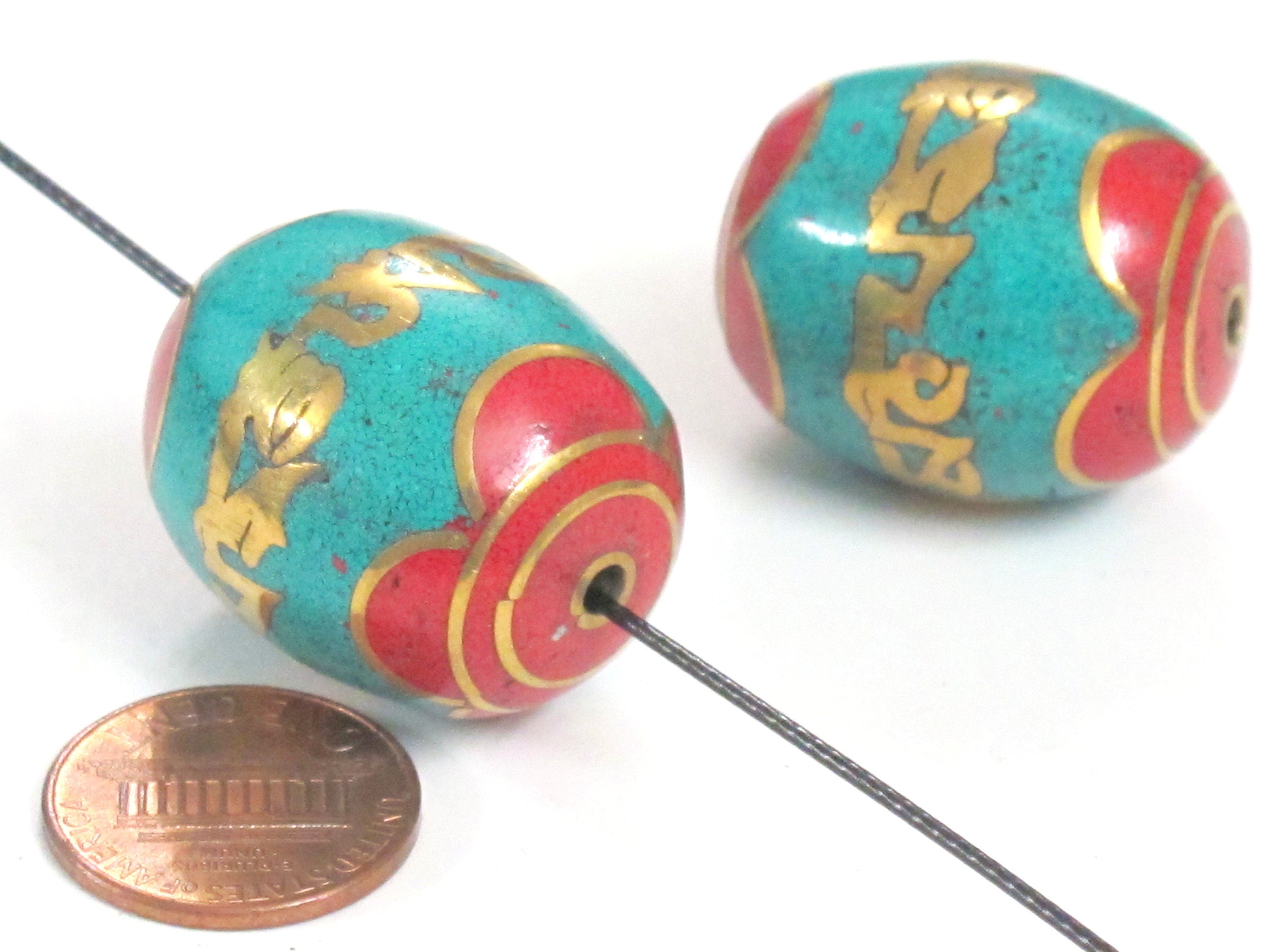2 Beads - Large thick size Tibetan prayer mantra om mani padme hum Bead with turquoise inlay - BD103Ks