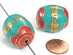 2 Beads - Large thick size Tibetan prayer mantra om mani padme hum Bead with turquoise inlay - BD103Ks