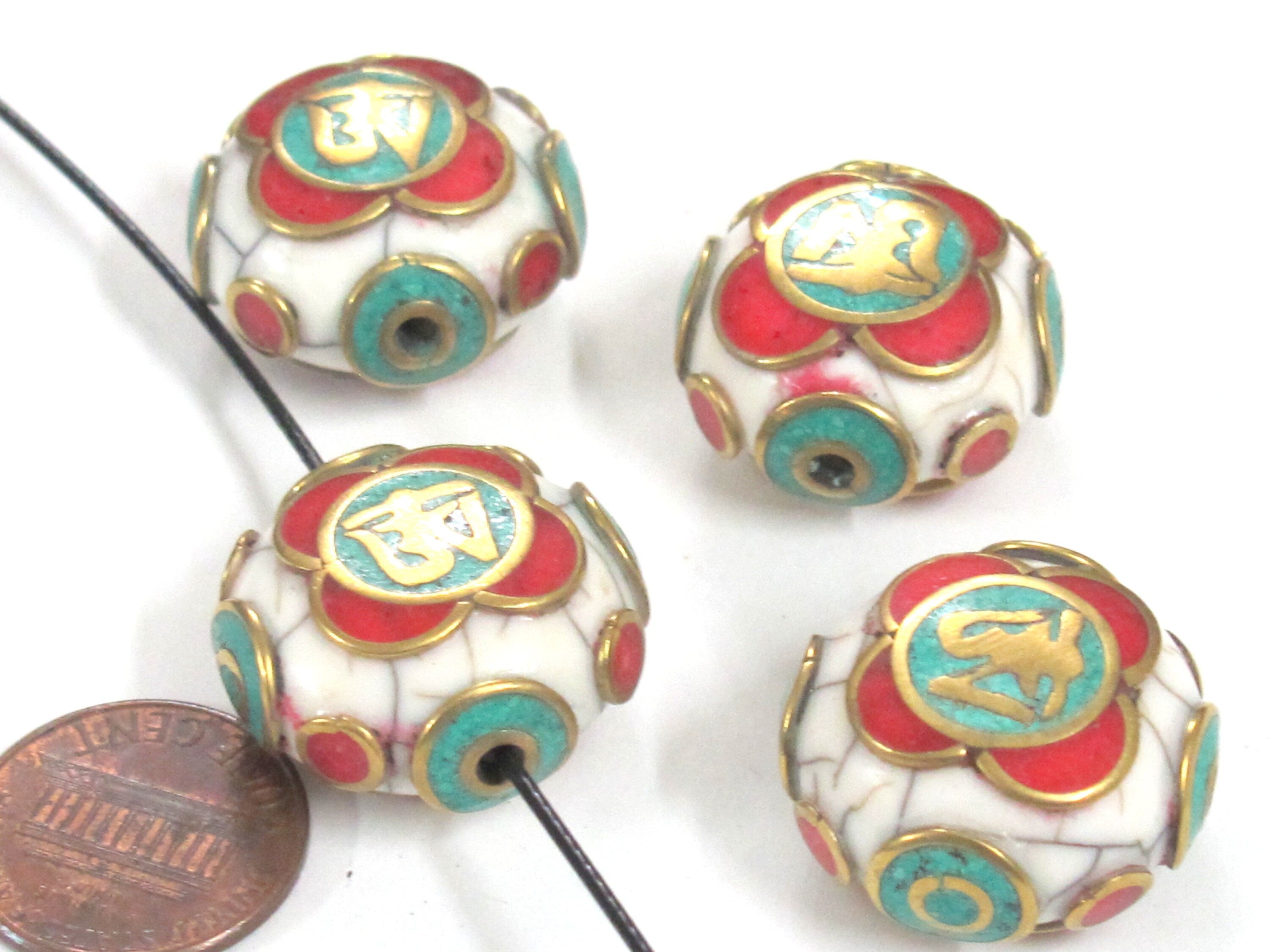 1 Bead - Tibetan Om white crackle resin reversible disc shape bead with brass , turquoise and inlay - BD828K